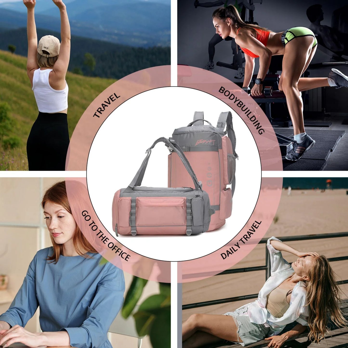 BE SMART 33L Extra Large Gym Backpack for Women, Big Gym Bag with Shoes Compartment, Waterproof Heavy Duty Duffel Bags, Women'S Workout Backpacks for Outdoor Sport,Hiking,Camping,Travel (L)